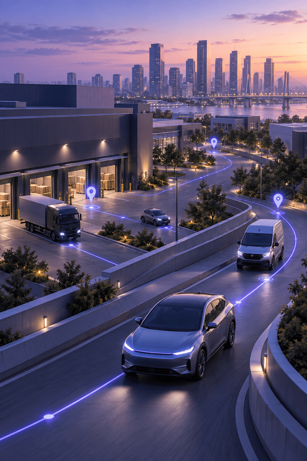 Connected FleetOptics vehicles moving through a smart logistics network